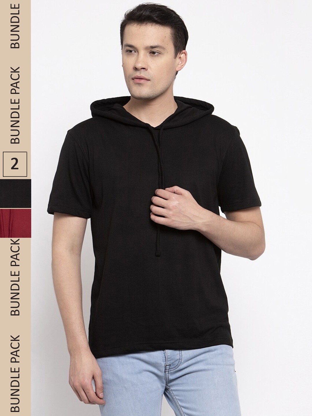 

Friskers Pack Of 2 Hooded Short Sleeves Comfort Cotton Slim Fit T-shirts, Black