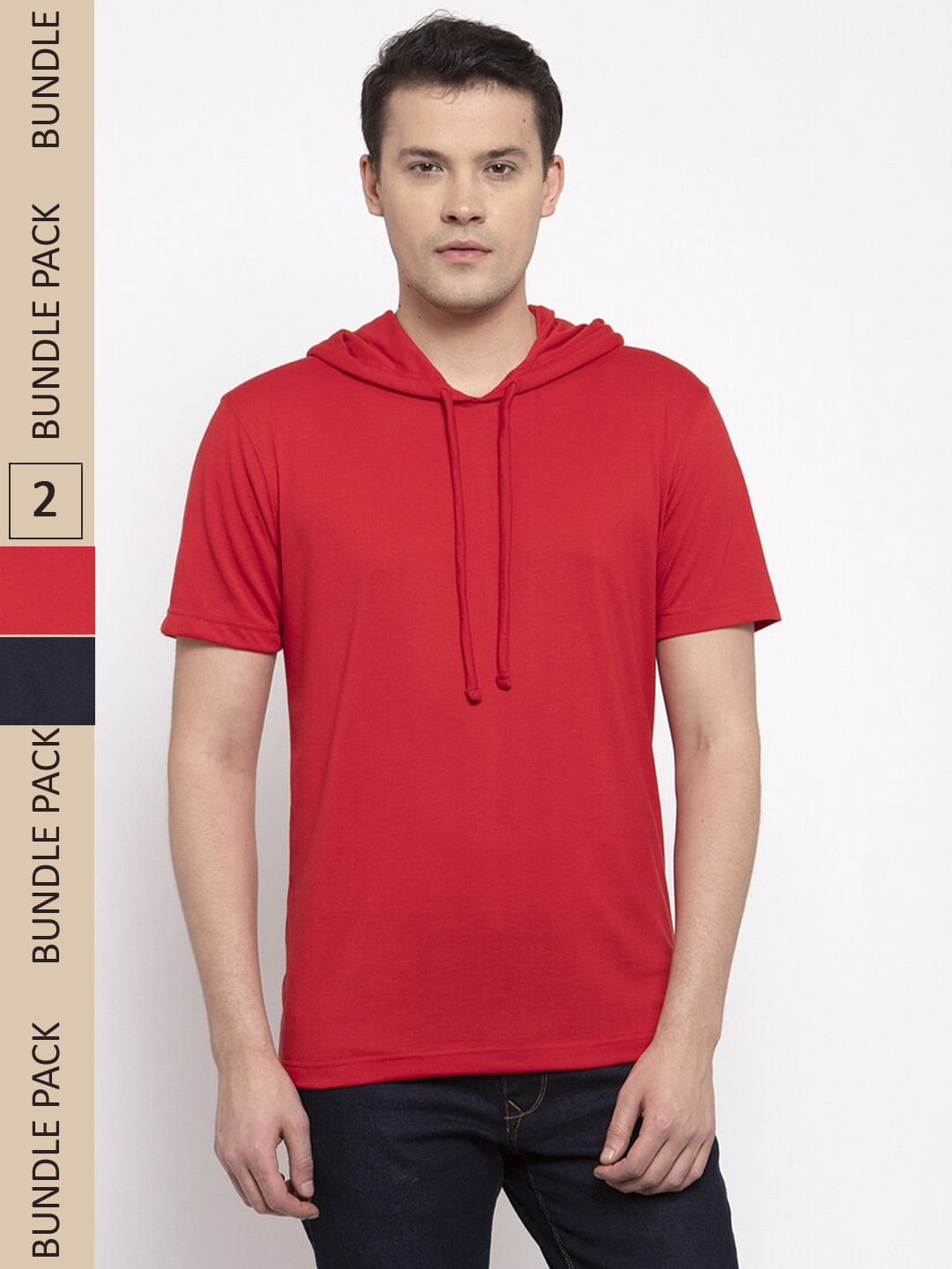 

Friskers Pack Of 2 Pure Cotton Slim Fit Hooded Short Sleeves T-shirts, Red