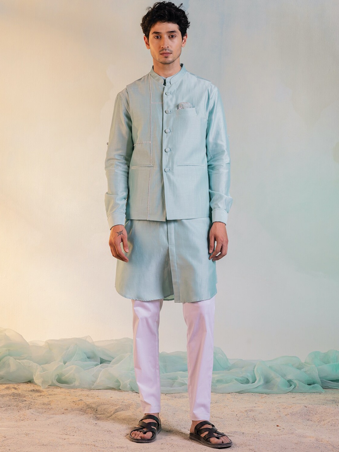 

charkhee Mandarin Collar Chanderi Cotton Kurta With Trousers & Nehru Jacket, Sea green