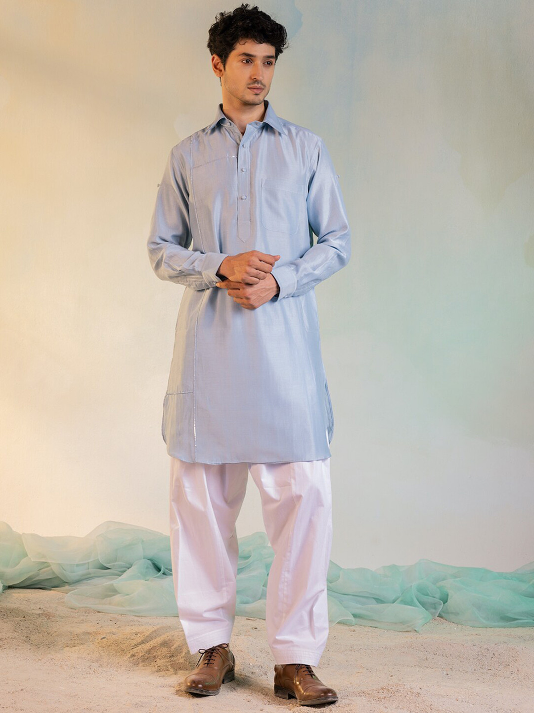 

charkhee Band Collar Sequinned Pathani Chanderi Cotton Kurta with Trousers & Nehru Jacket, Blue