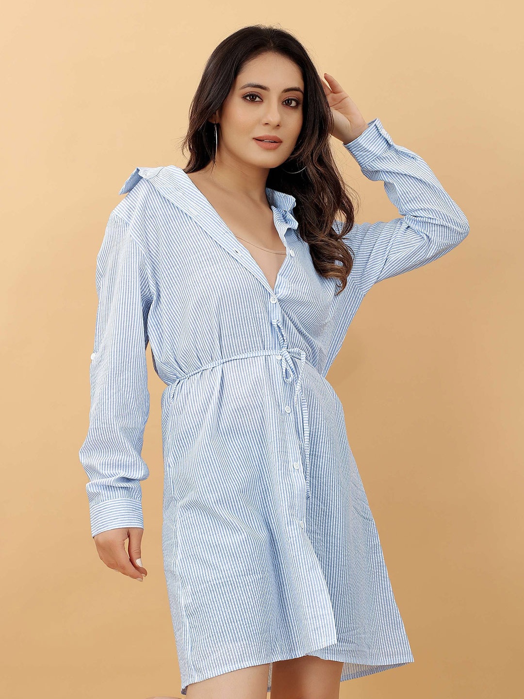 

RACHNA Shirt Collar Striped Cotton Shirt Dress, Blue