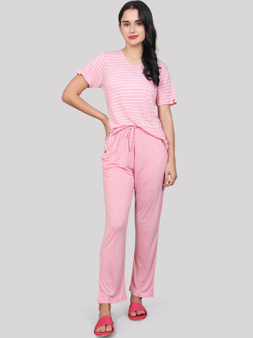 

evolove Striped Pure Cotton Night Suit, Pink