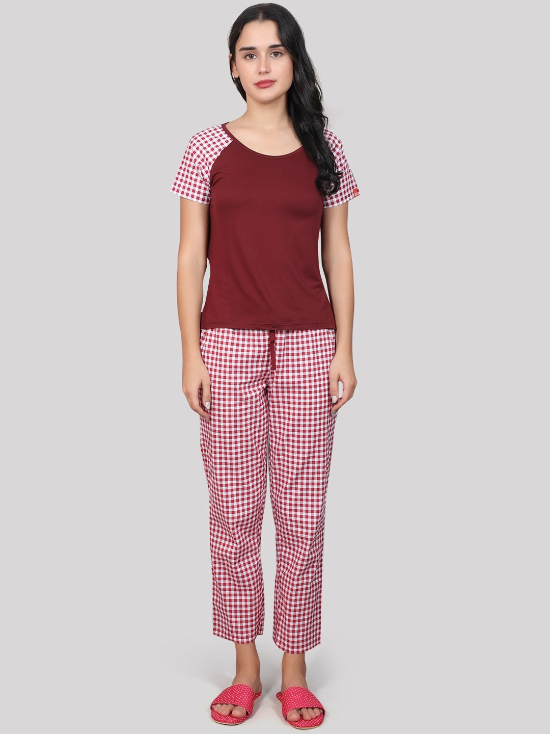 

evolove Checked Pure Cotton Night Suit, Maroon