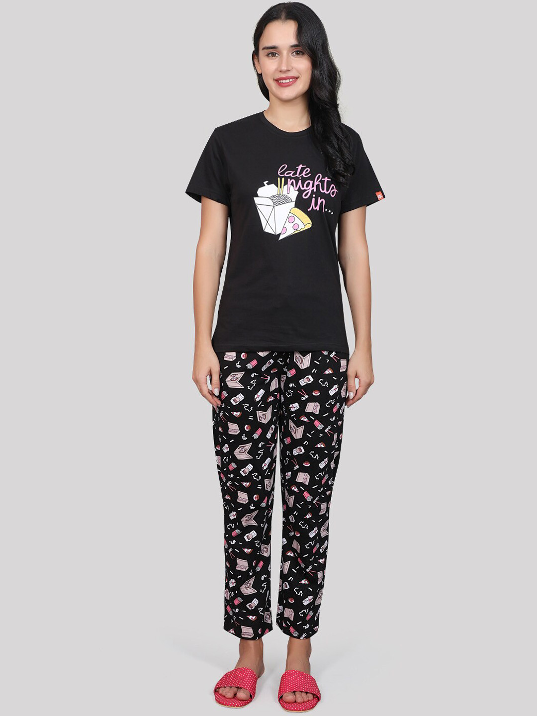 

evolove Conversational Printed Pure Cotton Night Suit, Black