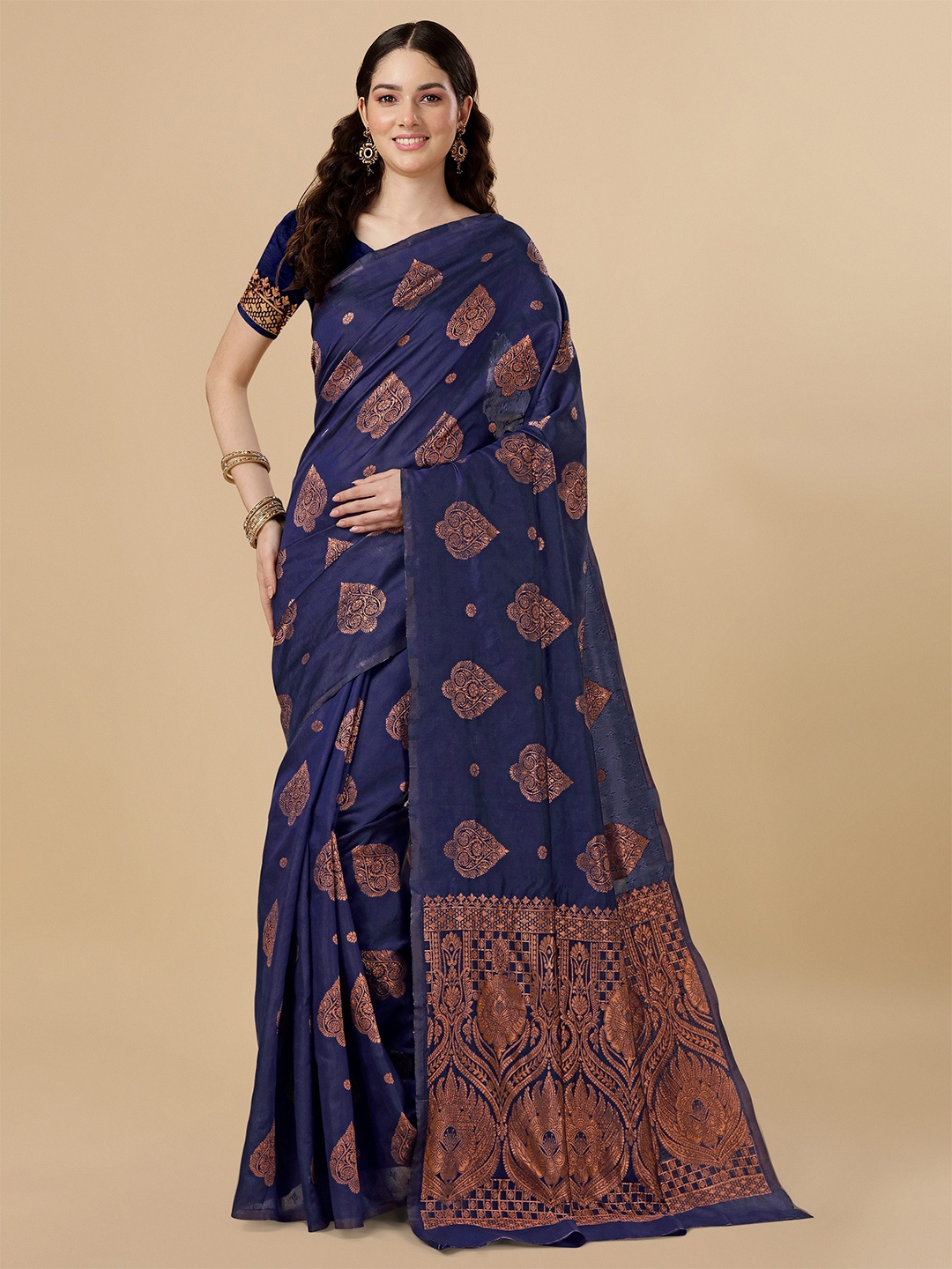 

TEREZA Ethnic Woven Design Zari Pure Silk Kanjeevaram Saree, Navy blue