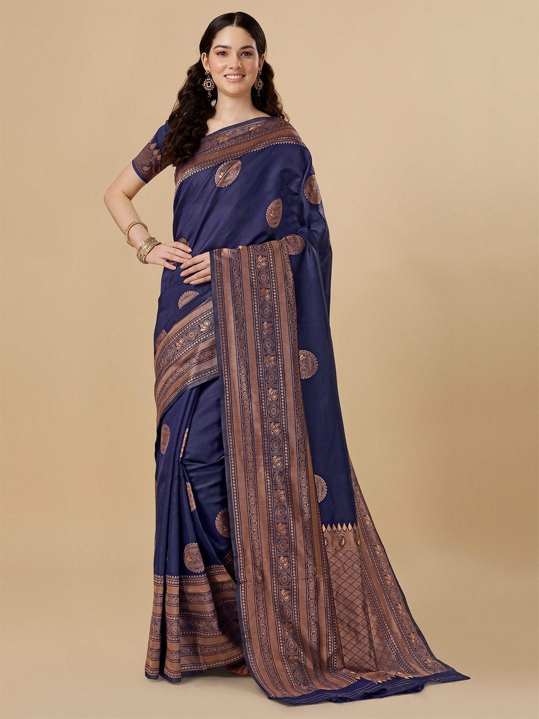 

TEREZA Woven Design Zari Pure Silk Kanjeevaram Saree, Navy blue