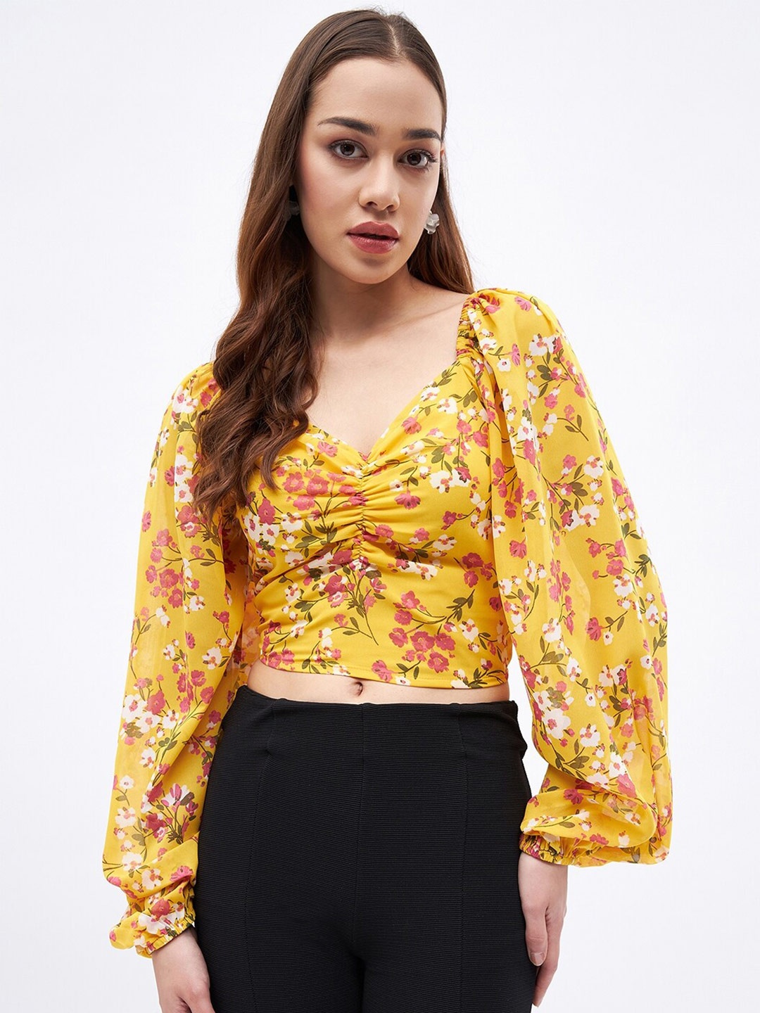 

JUNE & HARRY Floral Printed Puff Sleeves Crop Regular Top, Yellow