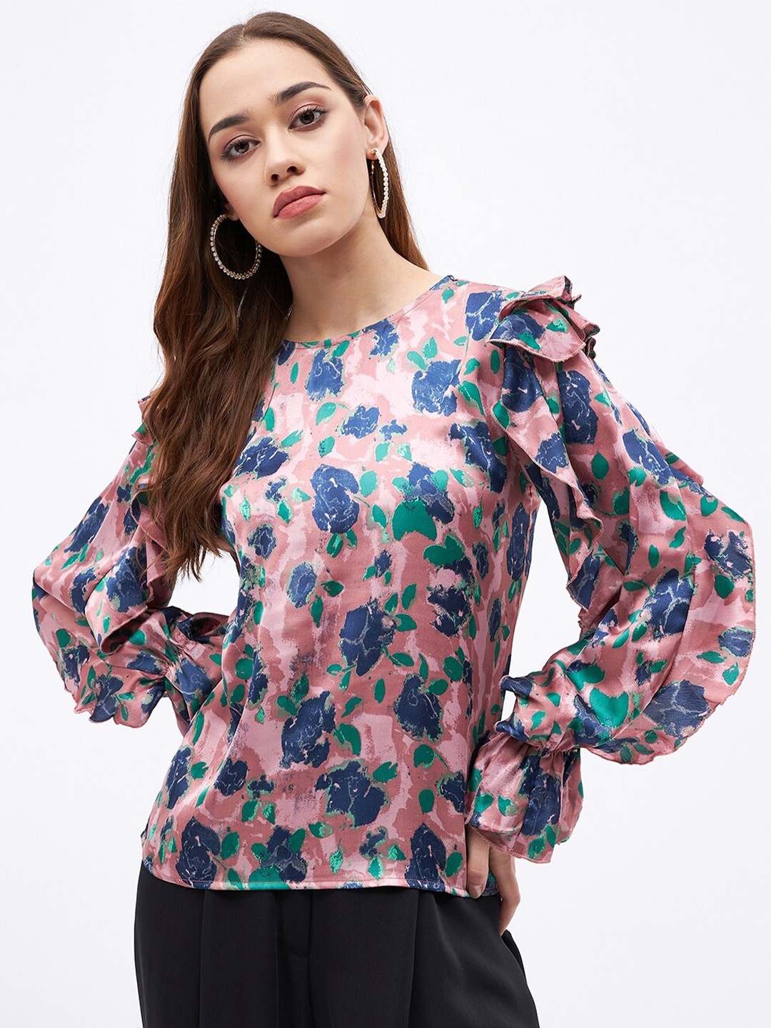 

JUNE & HARRY Floral Printed Puff Sleeves Ruffled Satin Regular Top, Mauve
