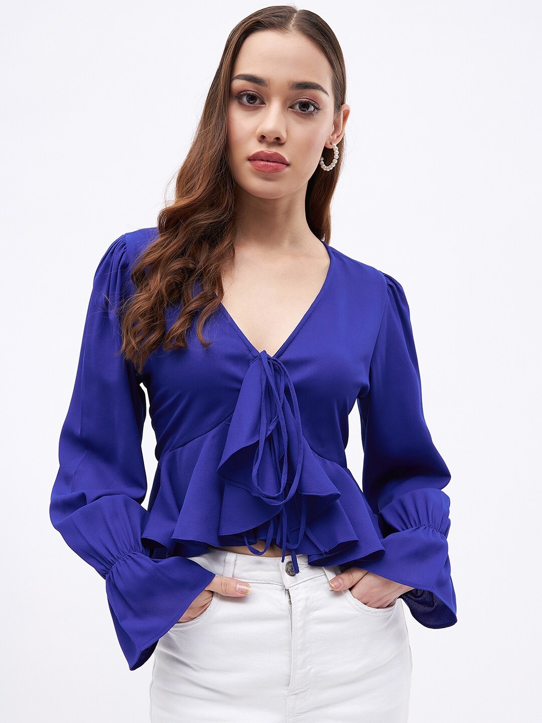 

JUNE & HARRY Puffed Sleeves Cinched Waist Crop Top, Blue