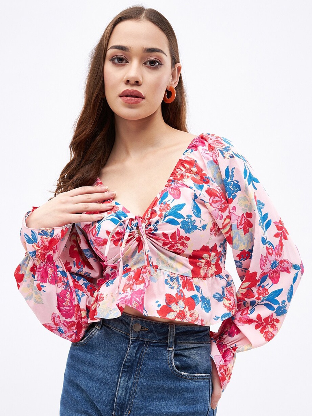 

JUNE & HARRY Floral Printed Puff Sleeves Crop Top, Pink