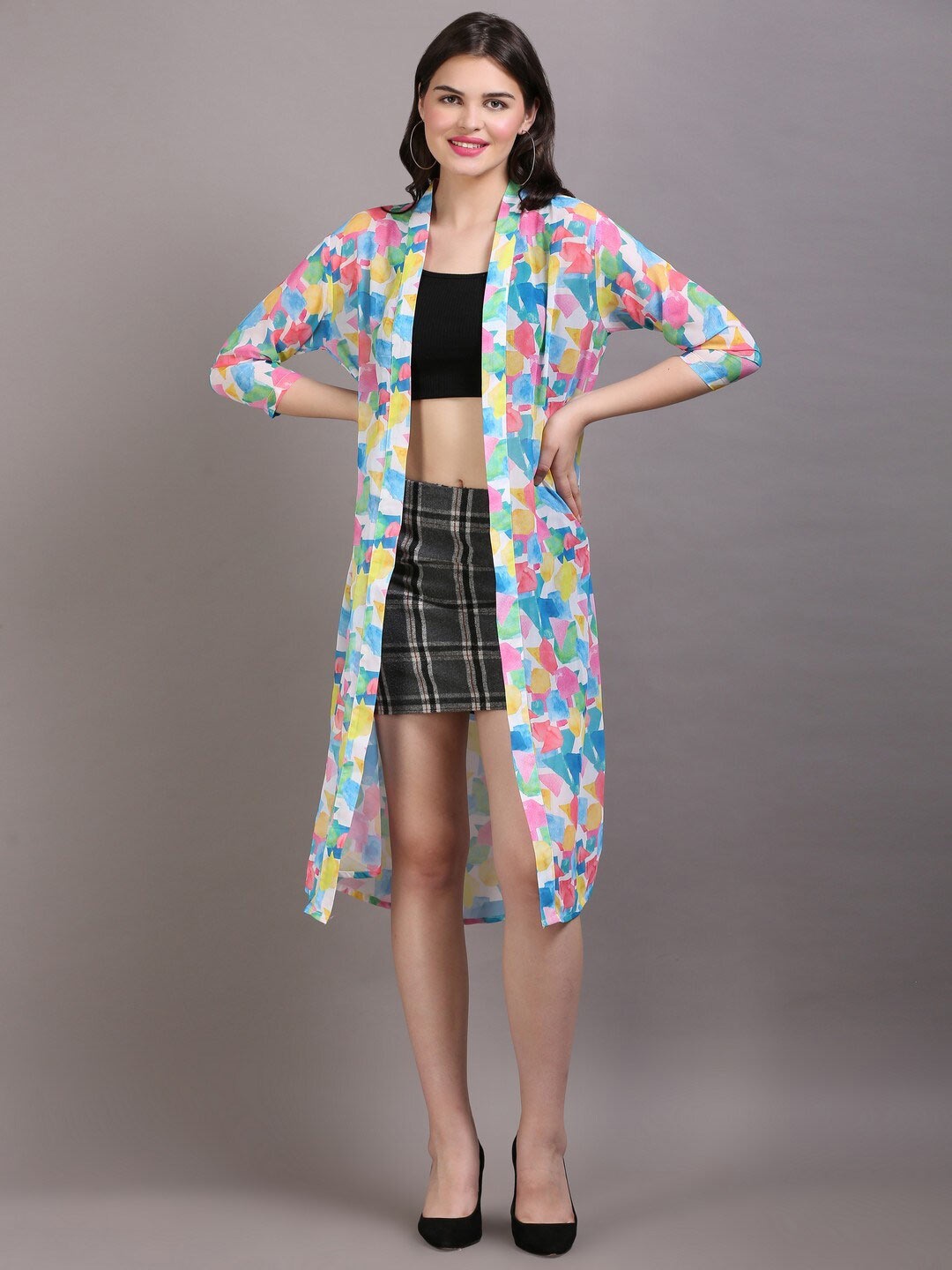 

DESI WOMANIYA Women Printed Open Front Longline Shrug, White