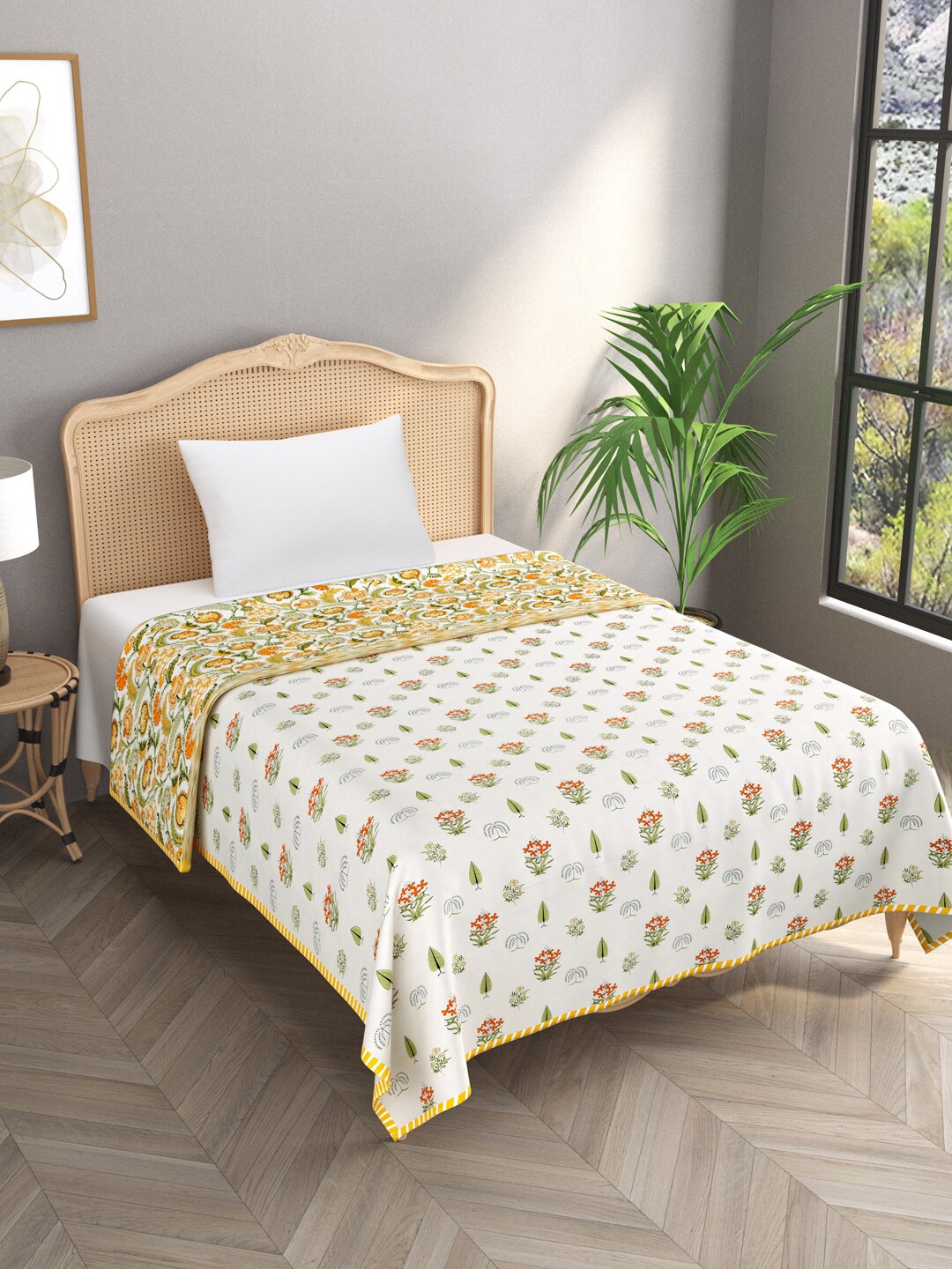 

Gulaab Jaipur Yellow & White Ethnic Motifs Printed AC Room 450 GSM Cotton Single Bed Dohar