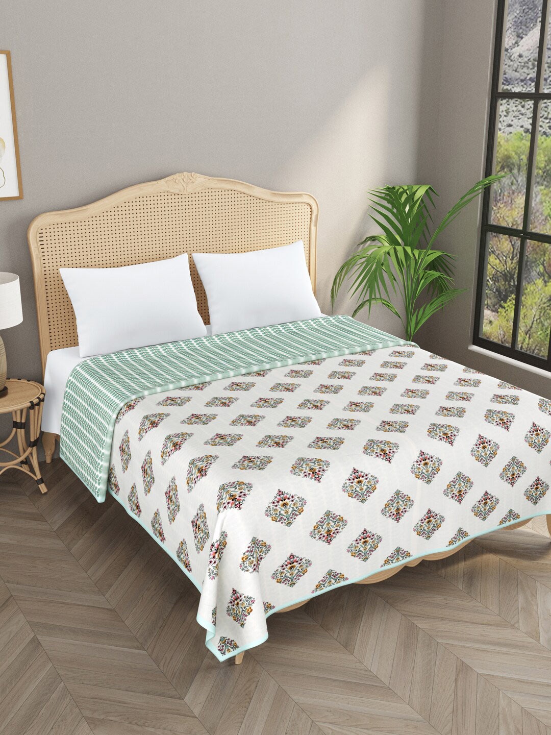 

Gulaab Jaipur Green & White Ethnic Motifs Printed AC Room 450 GSM Cotton Single Bed Dohar