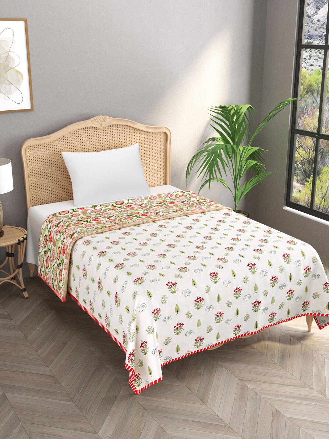 

Gulaab Jaipur White & Red Ethnic Motifs Printed AC Room 450 GSM Cotton Single Bed Dohar