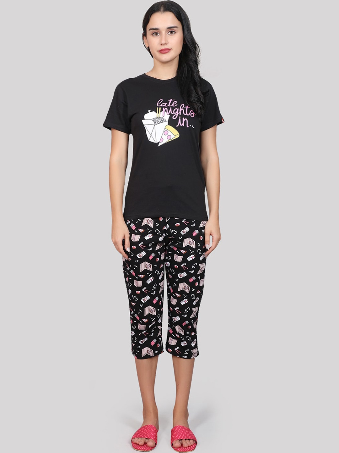 

evolove Conversational Printed Pure Cotton Night Suit, Black