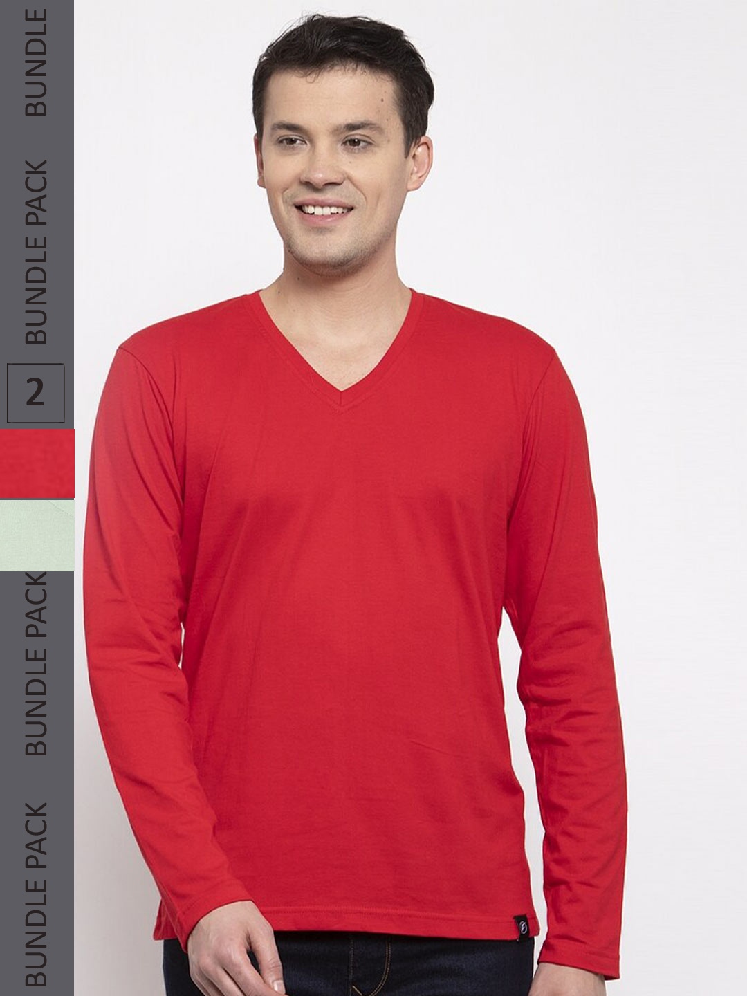 

Friskers Pack Of 2 V-Neck Long Sleeves Slim Fit Cotton T-shirt, Red