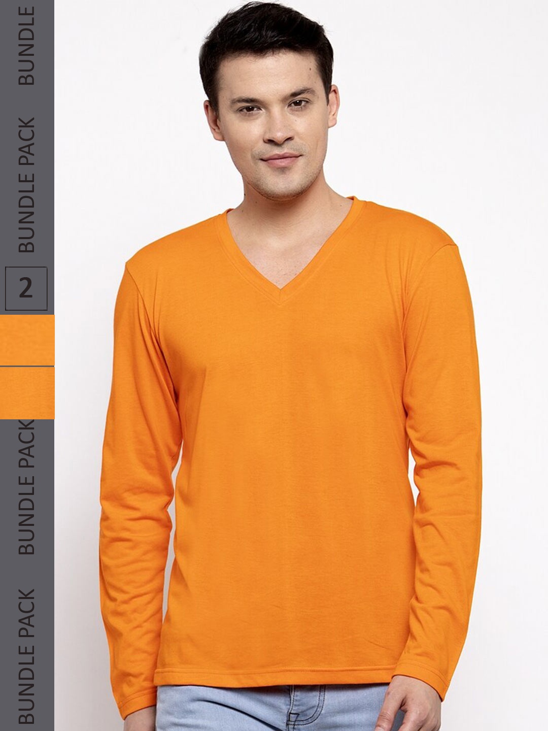 

Friskers Pack Of 2 V-Neck Long Sleeves Slim Fit Cotton T-shirt, Orange