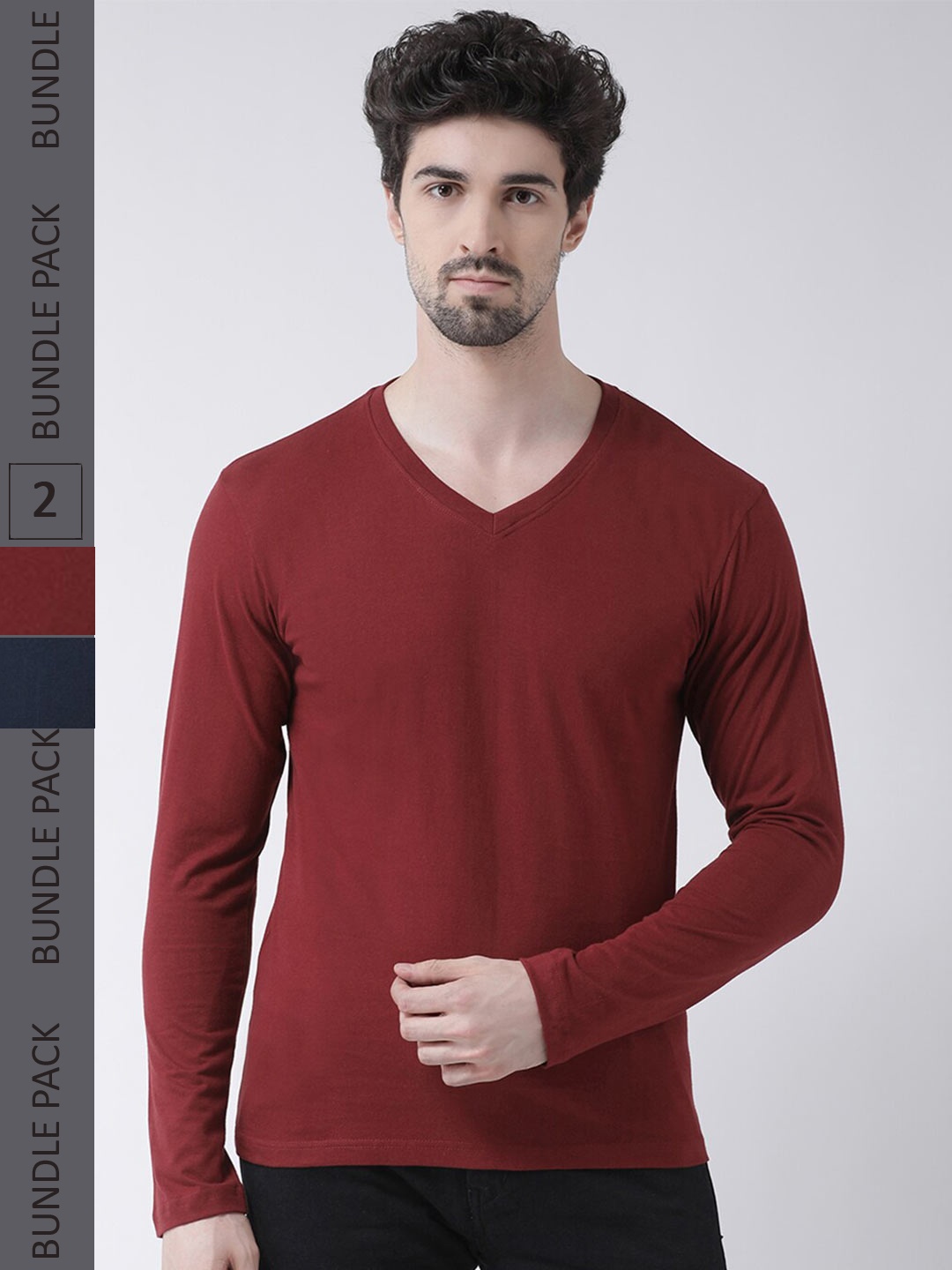 

Friskers Pack Of 2 V-Neck Long Sleeve Slim Fit Cotton T-shirt, Maroon