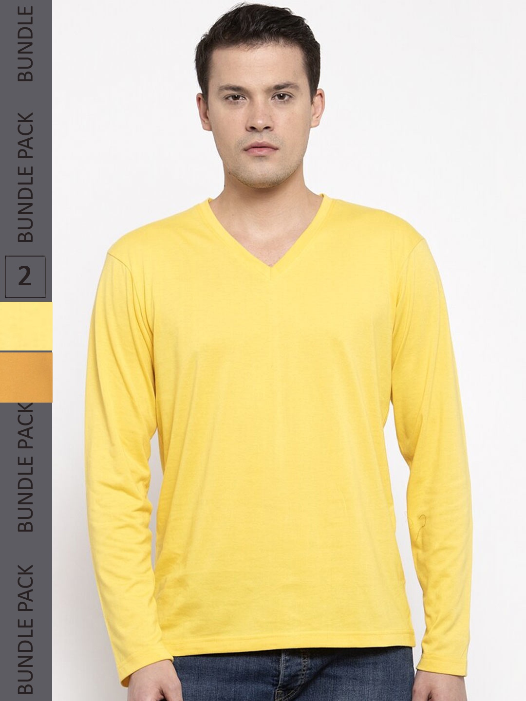 

Friskers Pack Of 2 V-Neck Long Sleeves Slim Fit Cotton T-shirt, Yellow