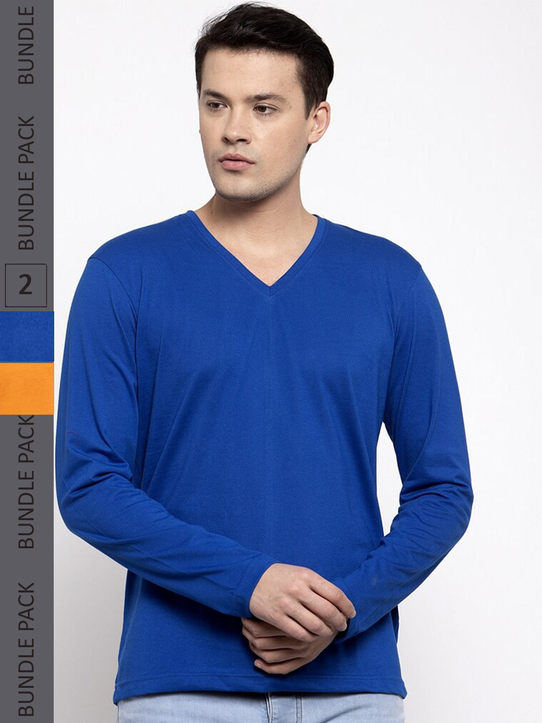 

Friskers Pack Of 2 V-Neck Long Sleeve Slim Fit Cotton T-shirt, Blue