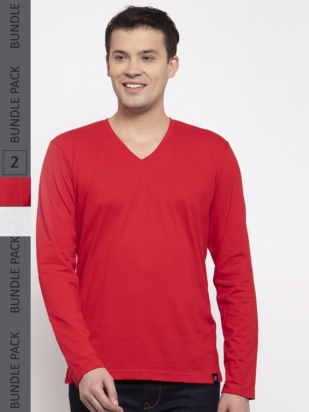 

Friskers Pack Of 2 V-Neck Pure Cotton Slim Fit Long Sleeves T-shirts, Red