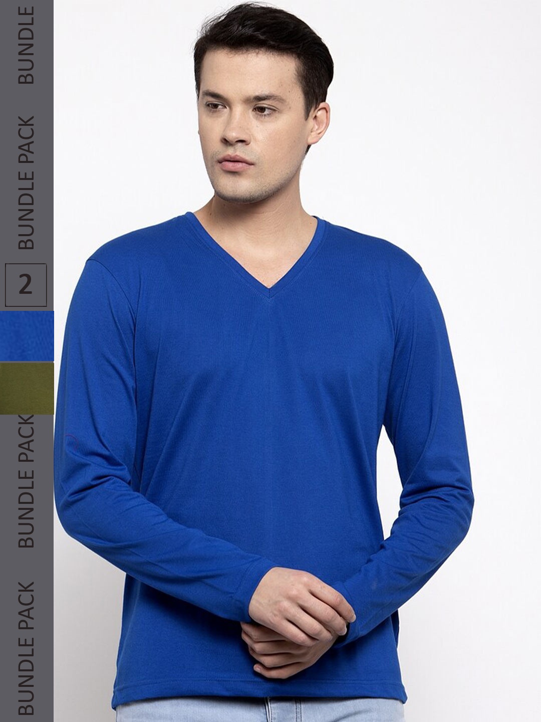 

Friskers Pack Of 2 V-Neck Pure Cotton Slim Fit Long Sleeves T-shirts, Navy blue