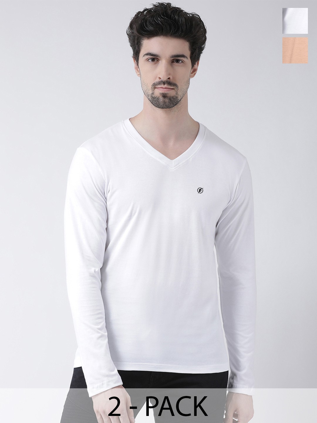 

Friskers Pack Of 2 V-Neck Long Sleeves Slim Fit Cotton T-shirts, White