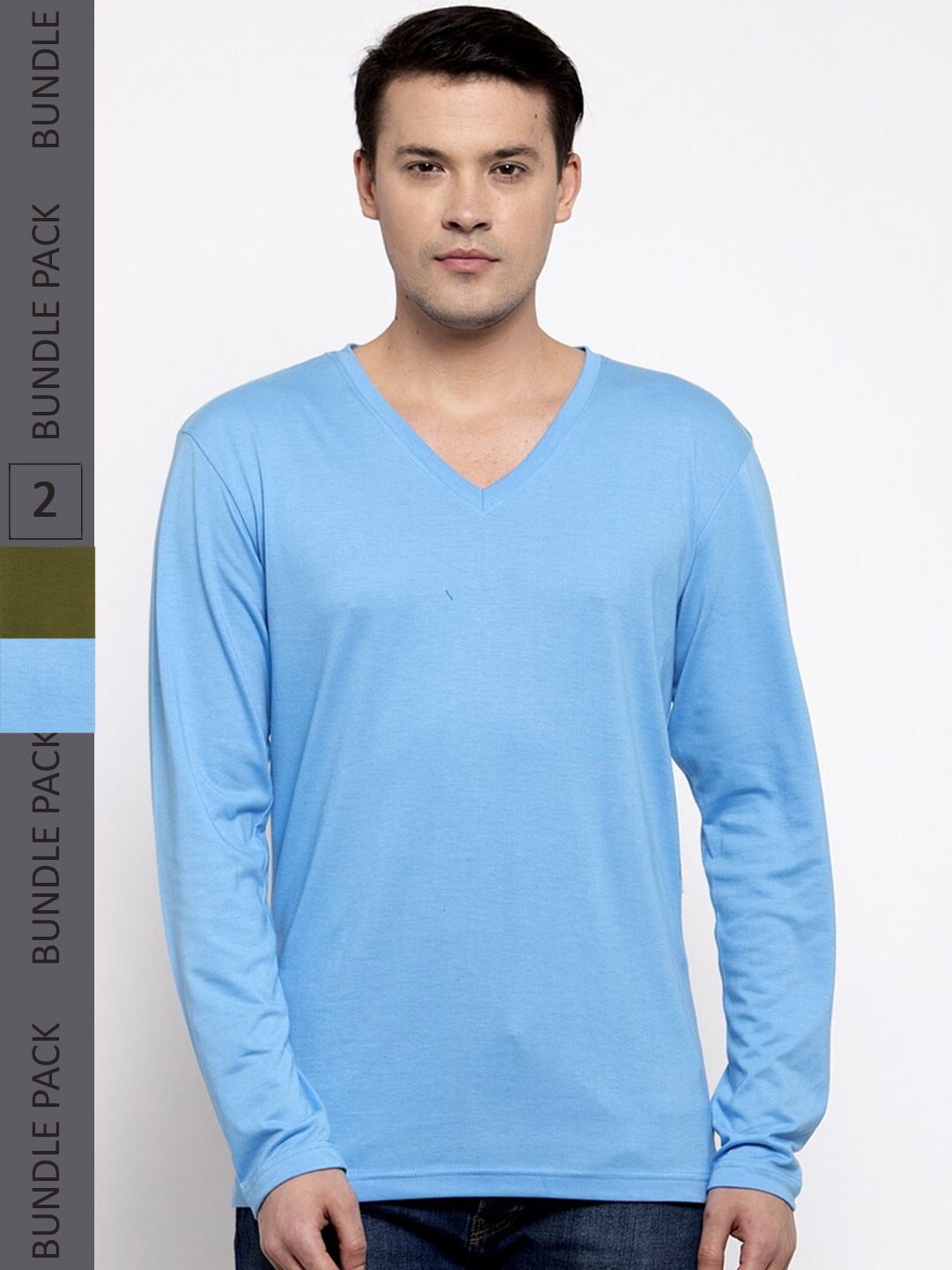 

Friskers Pack Of 2 V-Neck Long Sleeves Slim Fit Cotton T-shirts, Blue