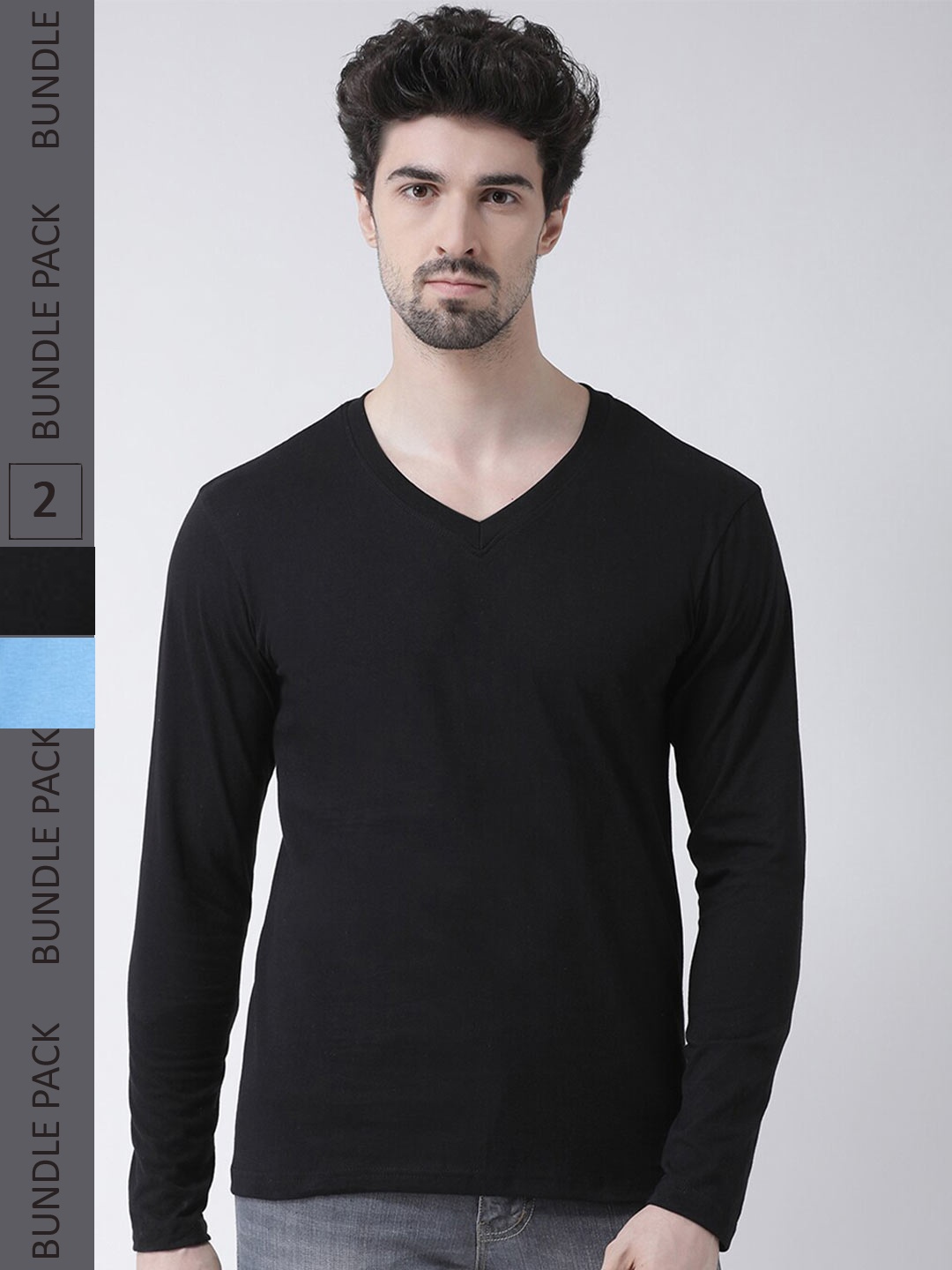 

Friskers Pack Of 2 V-Neck Long Sleeve Slim Fit Cotton T-shirt, Black