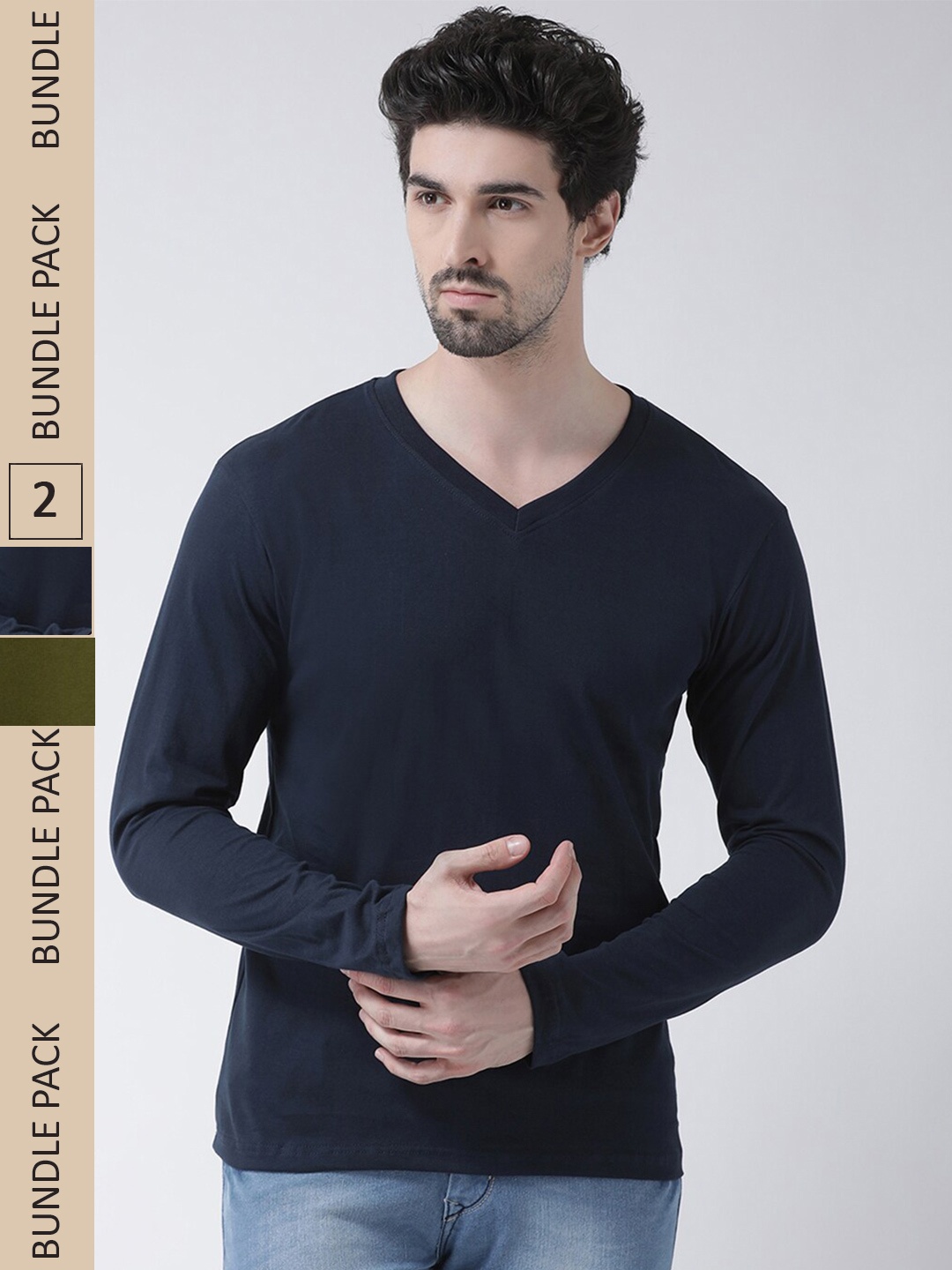 

Friskers Pack Of 2 V-Neck Pure Cotton Slim Fit Long Sleeves T-shirts, Navy blue
