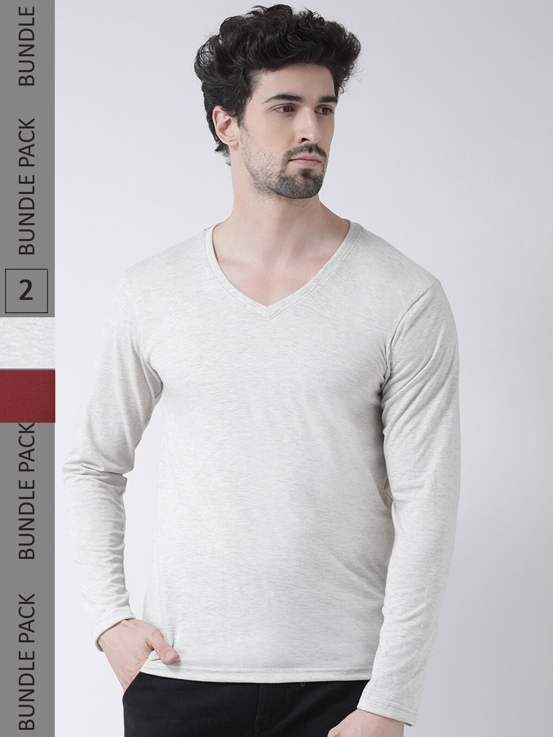 

Friskers Pack Of 2 V-Neck Pure Cotton Slim Fit Long Sleeves T-shirts, Grey melange