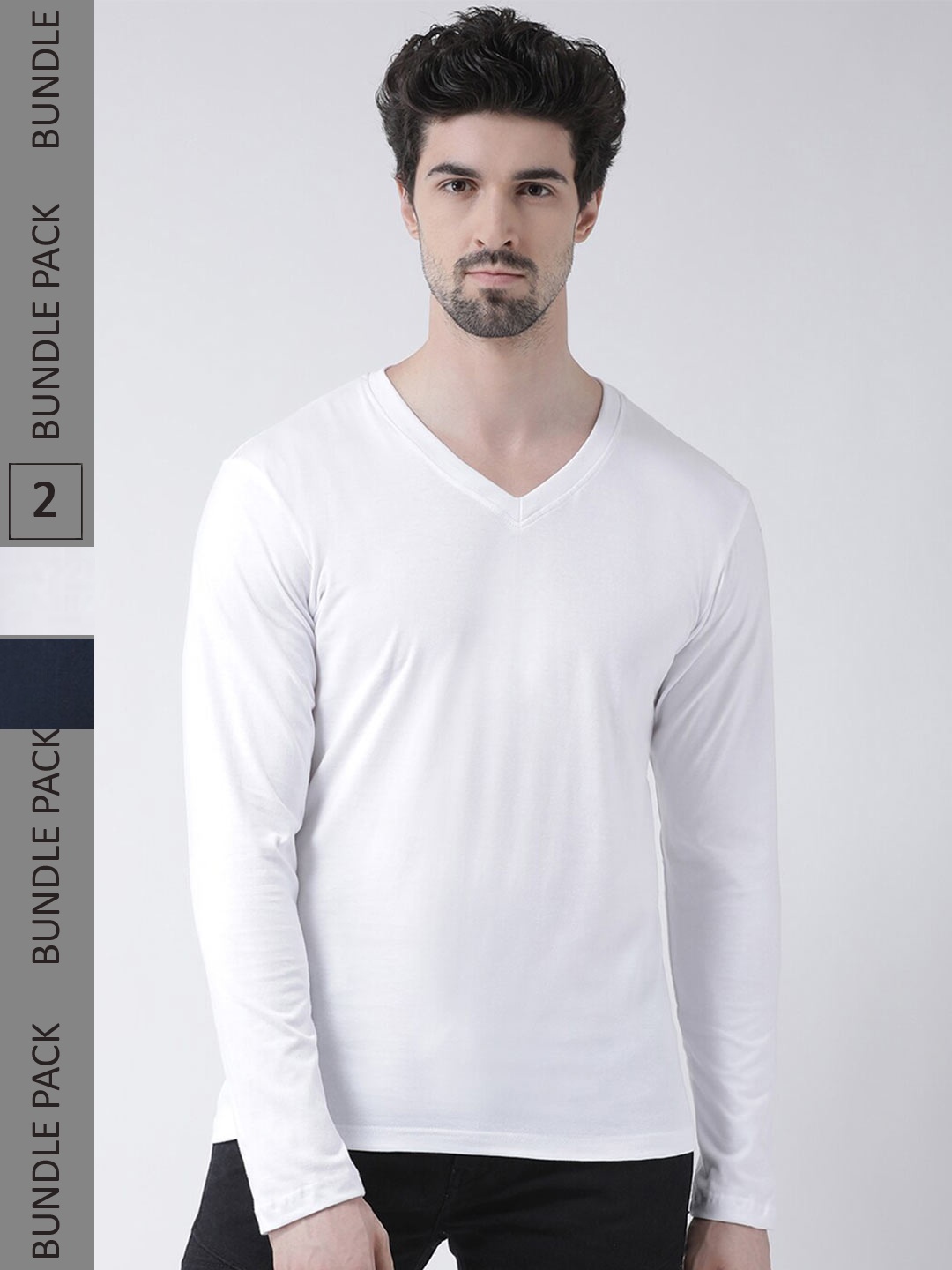

Friskers Pack Of 2 V-Neck Pure Cotton Slim Fit Long Sleeves T-shirts, White