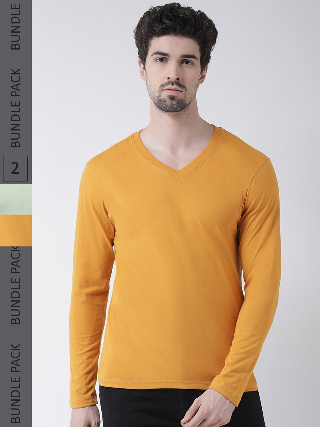 

Friskers Pack Of 2 V-Neck Slim Fit Cotton T-shirts, Mustard