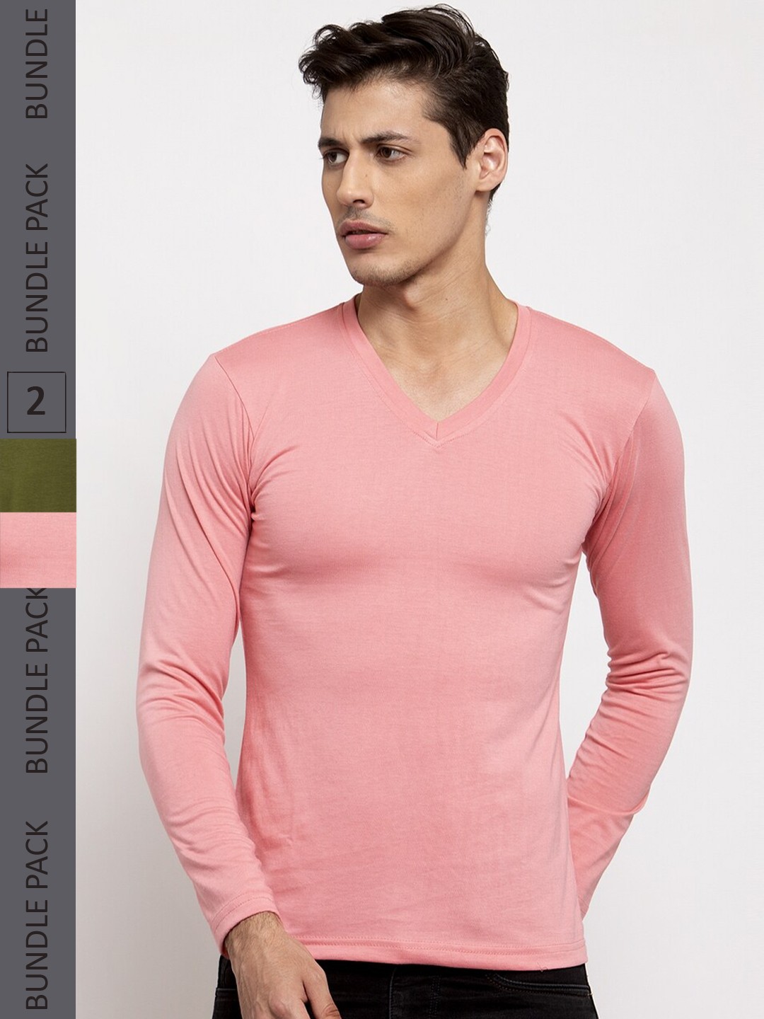 

Friskers Pack Of 2 V-Neck Pure Cotton Slim Fit Long Sleeves T-shirts, Pink