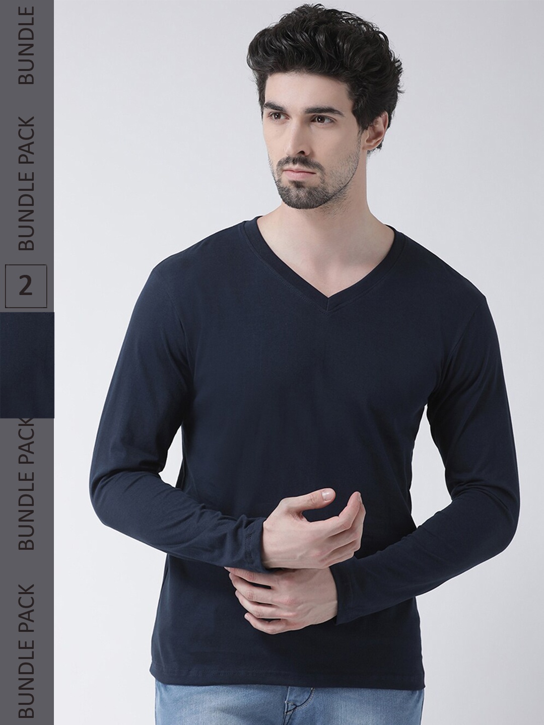 

Friskers Pack Of 2 V-Neck Long Sleeves Slim Fit Cotton T-shirts, Navy blue