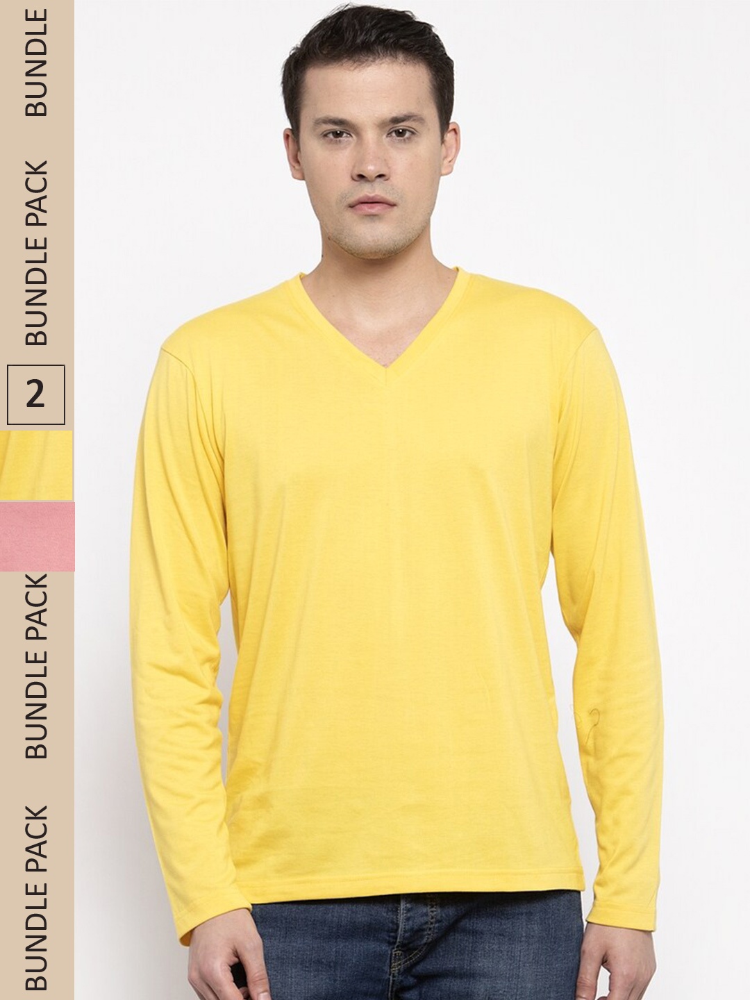 

Friskers Pack Of 2 V-Neck Cotton Slim Fit T-shirt, Yellow