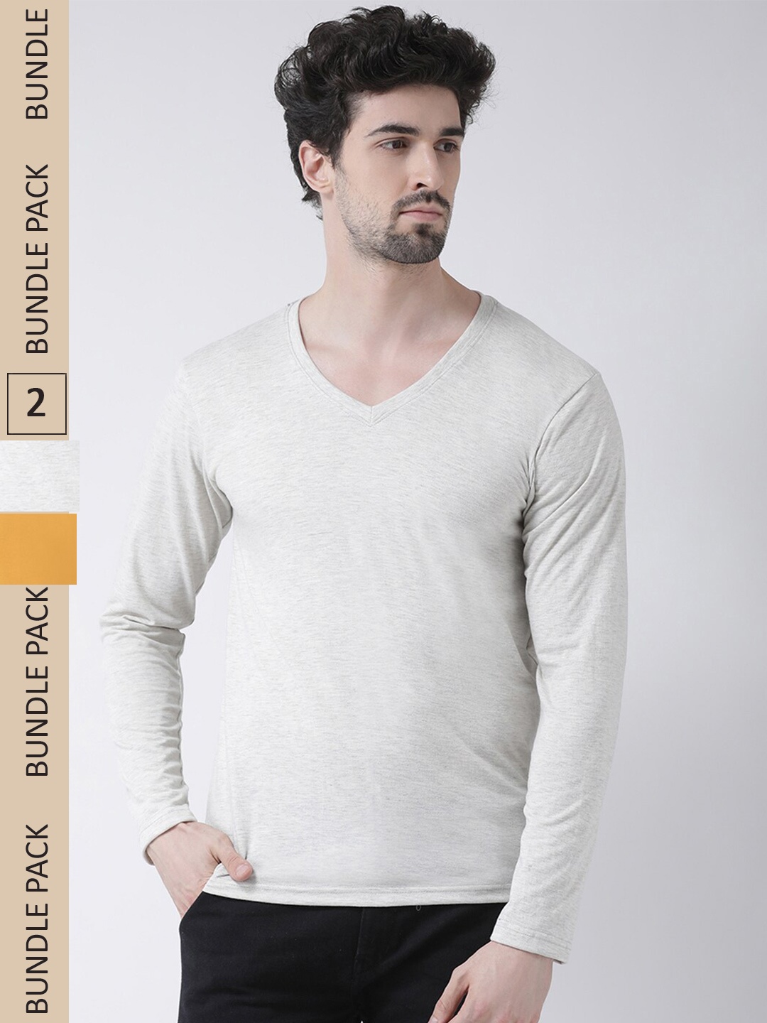 

Friskers Pack Of 2 V-Neck Long Sleeves Slim Fit Cotton T-shirts, Grey