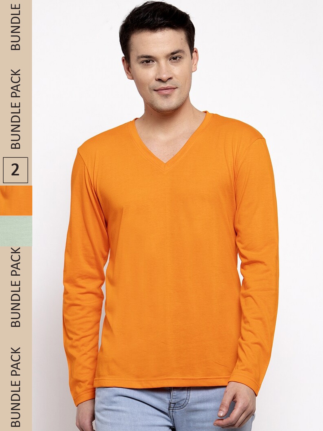 

Friskers Pack Of 2 V-Neck Long Sleeves Slim Fit Cotton T-shirts, Orange