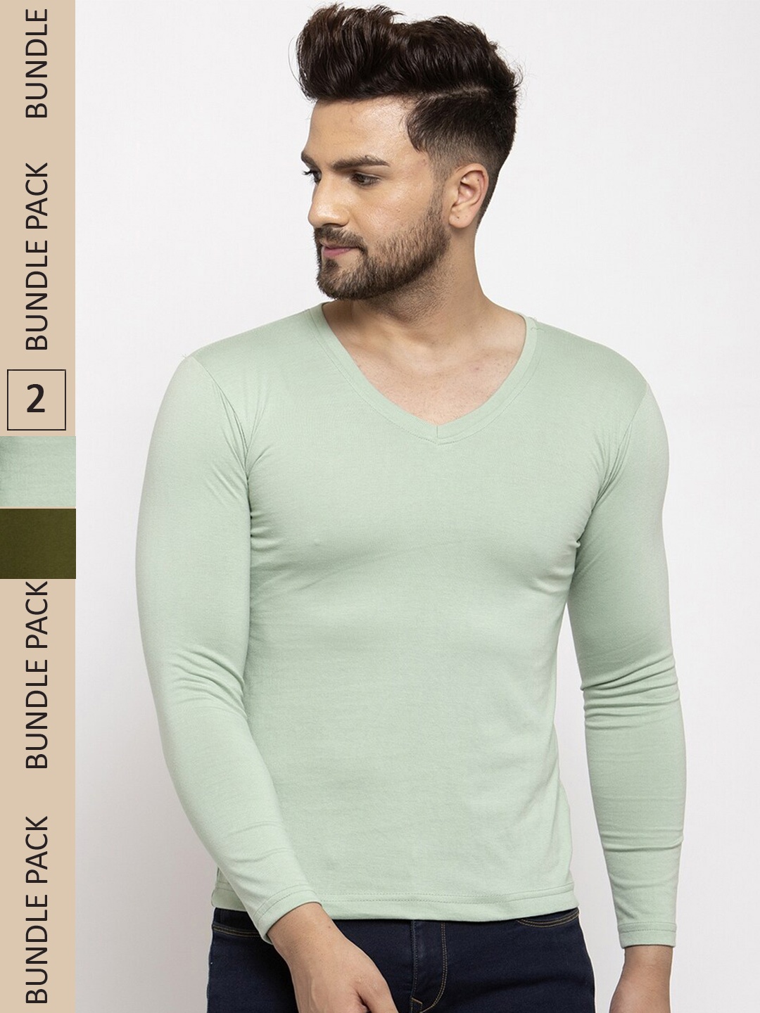 

Friskers Pack Of 2 V-Neck Long Sleeves Slim Fit Cotton T-shirts, Sea green