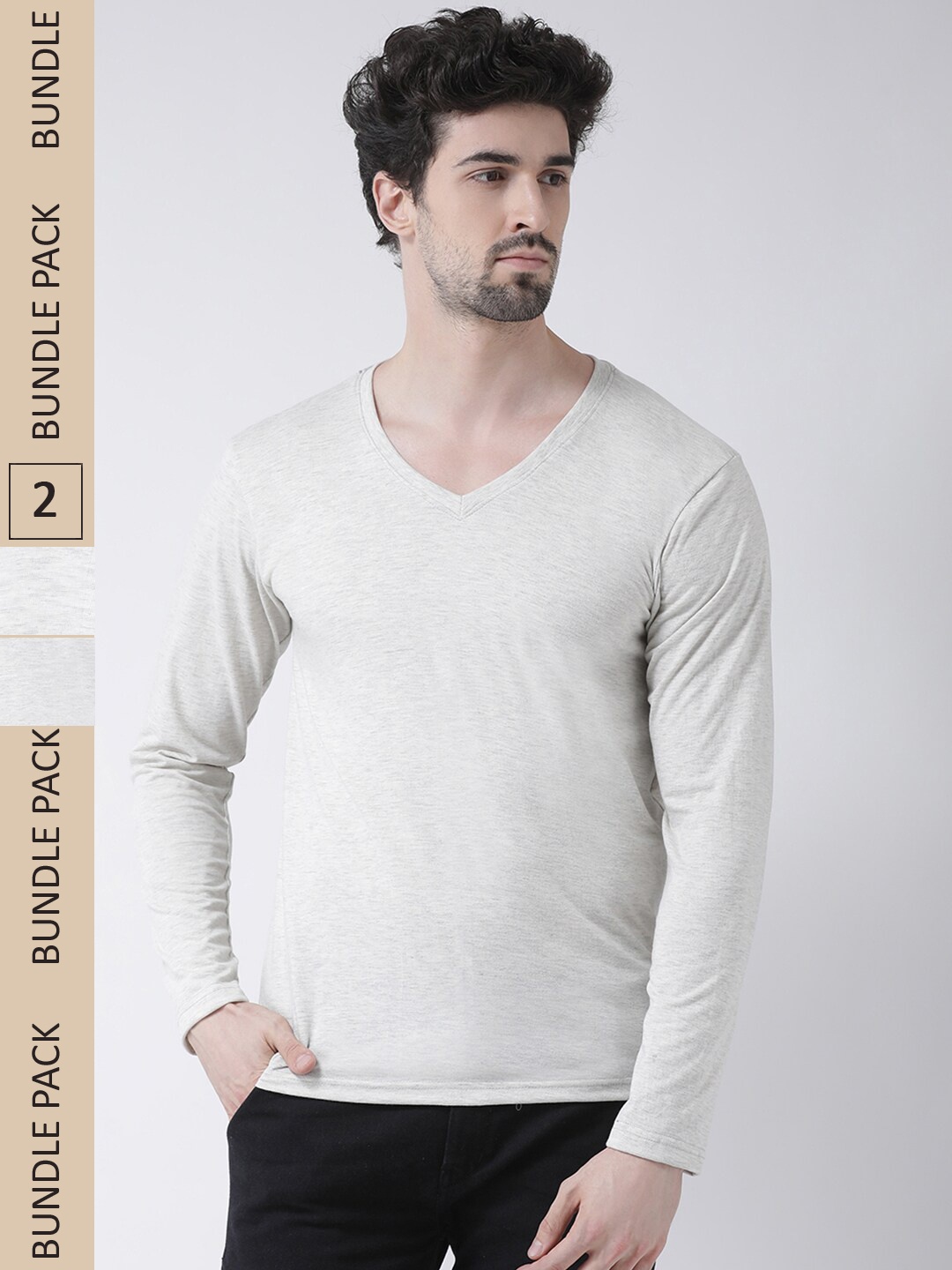 

Friskers Pack Of 2 V-Neck Pure Cotton Slim Fit Long Sleeves T-shirts, Grey melange