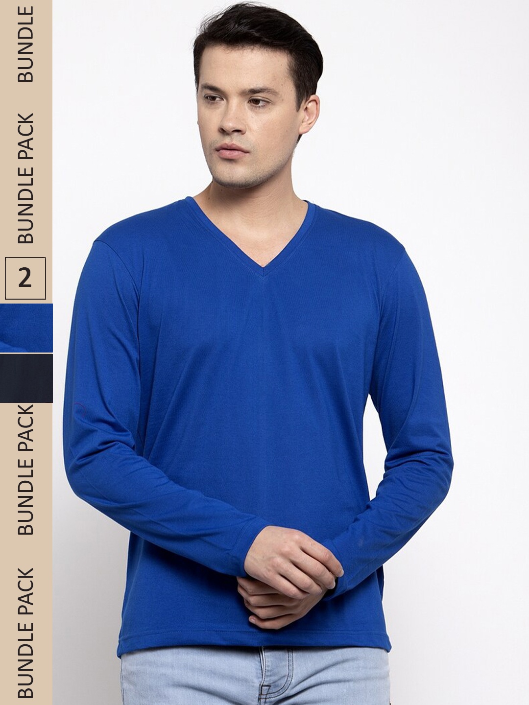 

Friskers Pack Of 2 Slim Fit V-Neck Cotton T-shirts, Blue