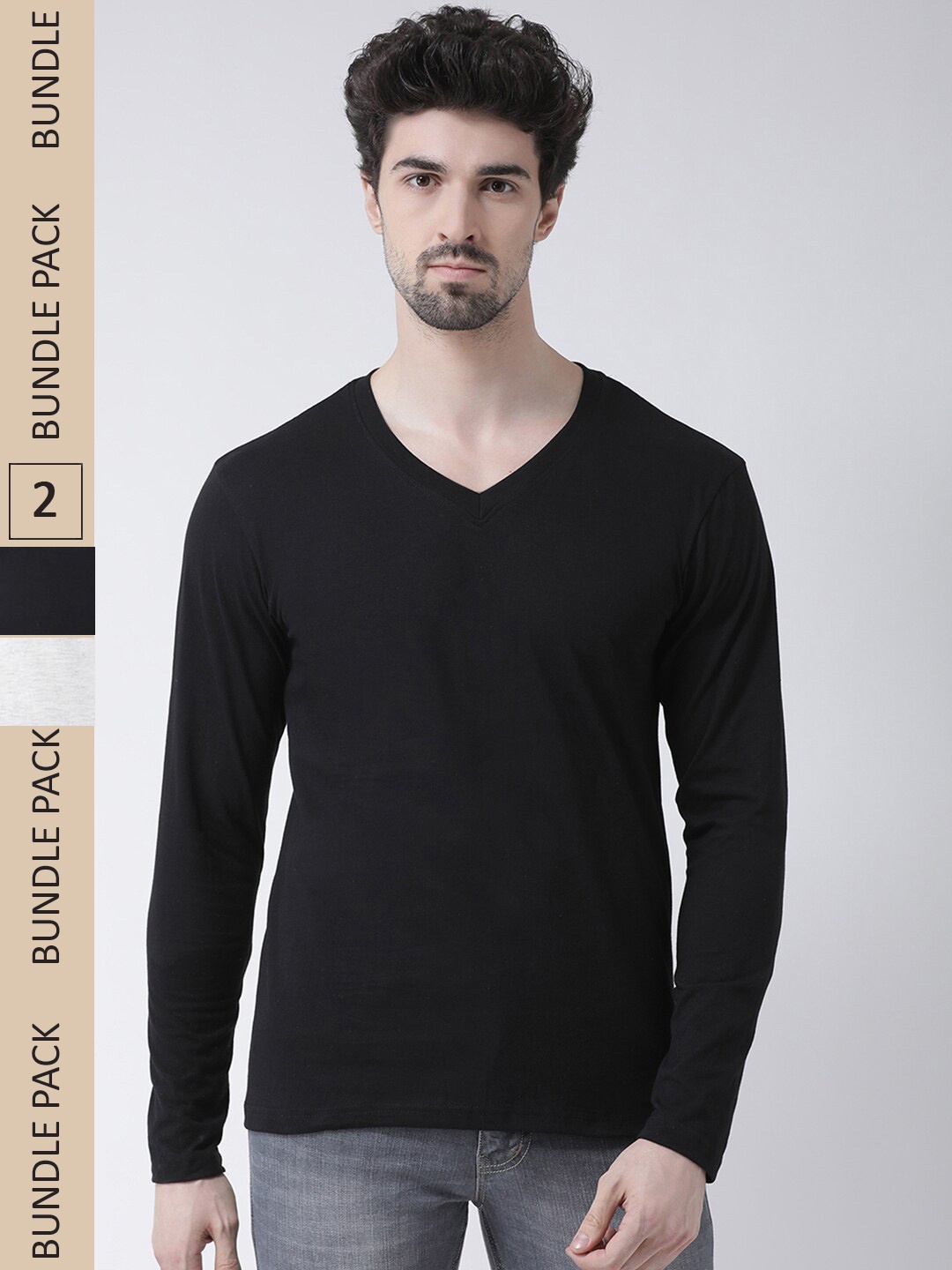 

Friskers Pack Of 2 V-Neck Pure Cotton Slim Fit Long Sleeves T-shirts, Black