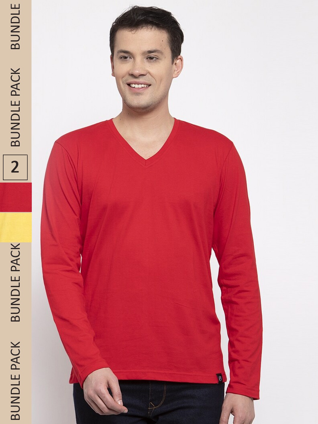 

Friskers Pack Of 2 V-Neck Long Sleeve Slim Fit Cotton T-shirt, Red