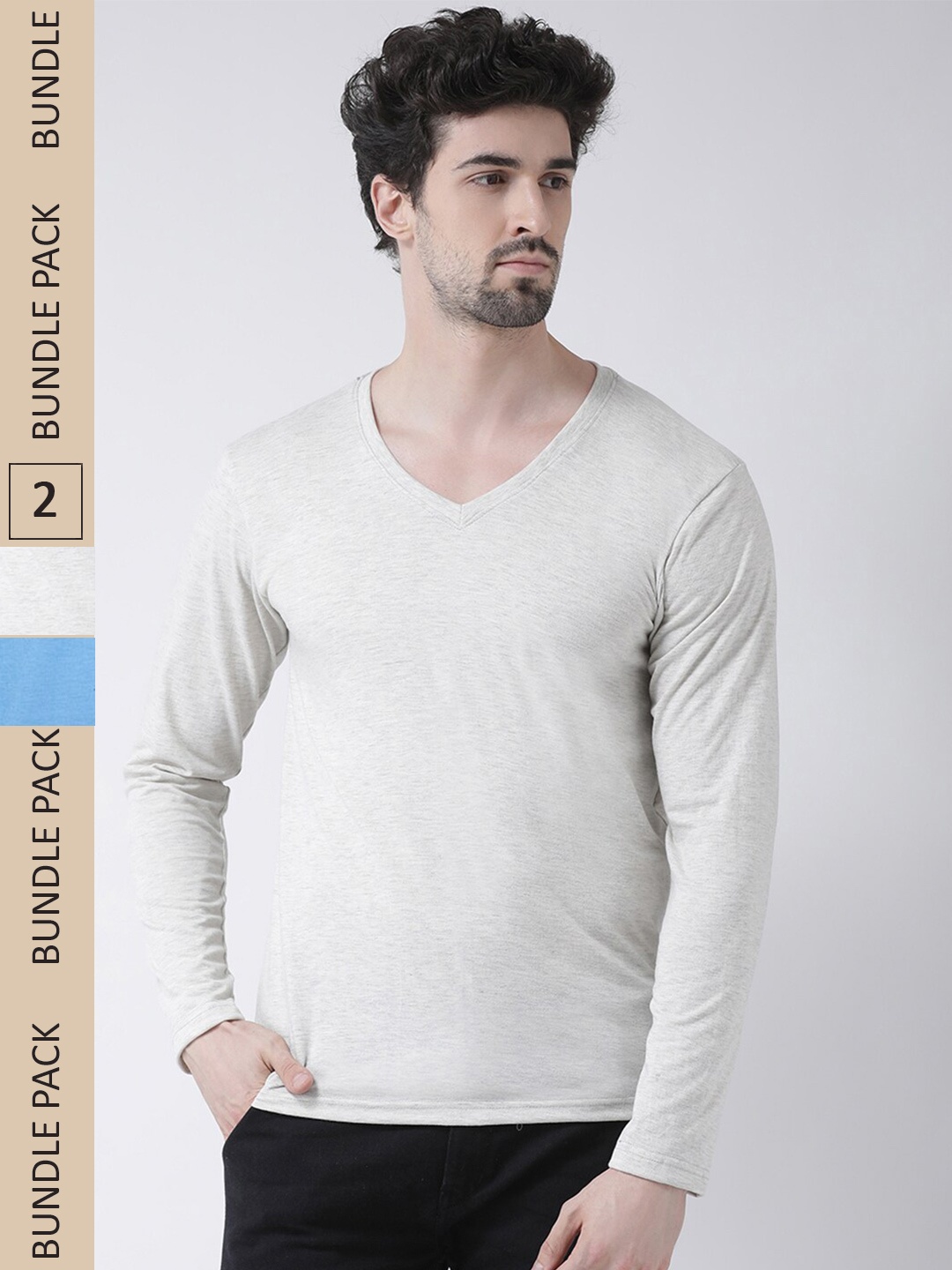 

Friskers Pack Of 2 V-Neck Long Sleeves Comfort Cotton Slim Fit T-shirts, Grey