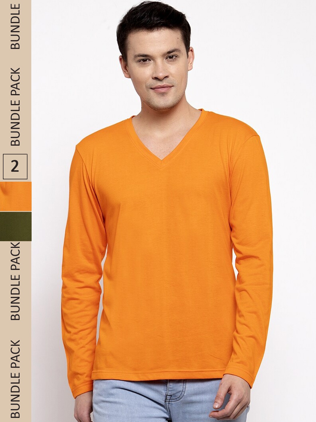 

Friskers Pack Of 2 V-Neck Long Sleeves Comfort Cotton Slim Fit T-shirts, Orange