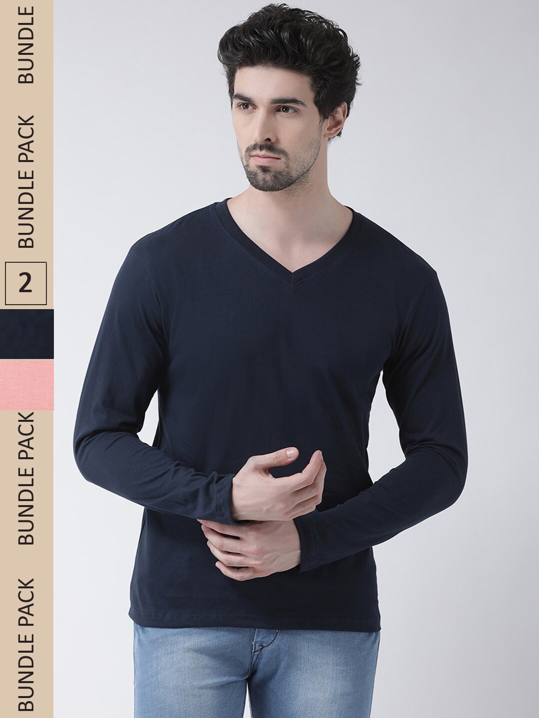 

Friskers Pack Of 2 V Neck Cotton T-shirt, Navy blue