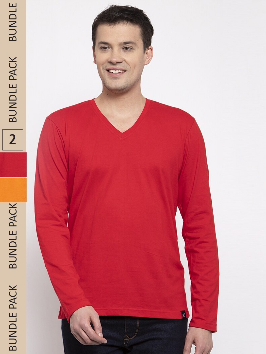 

Friskers Pack Of 2 V-Neck Long Sleeves Comfort Cotton Slim Fit T-shirts, Red