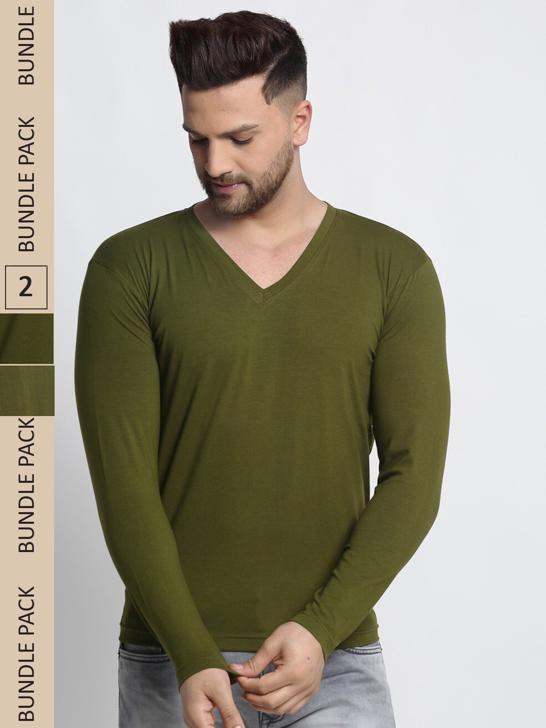 

Friskers Pack Of 2 V-Neck Slim Fit Cotton T-shirts, Olive
