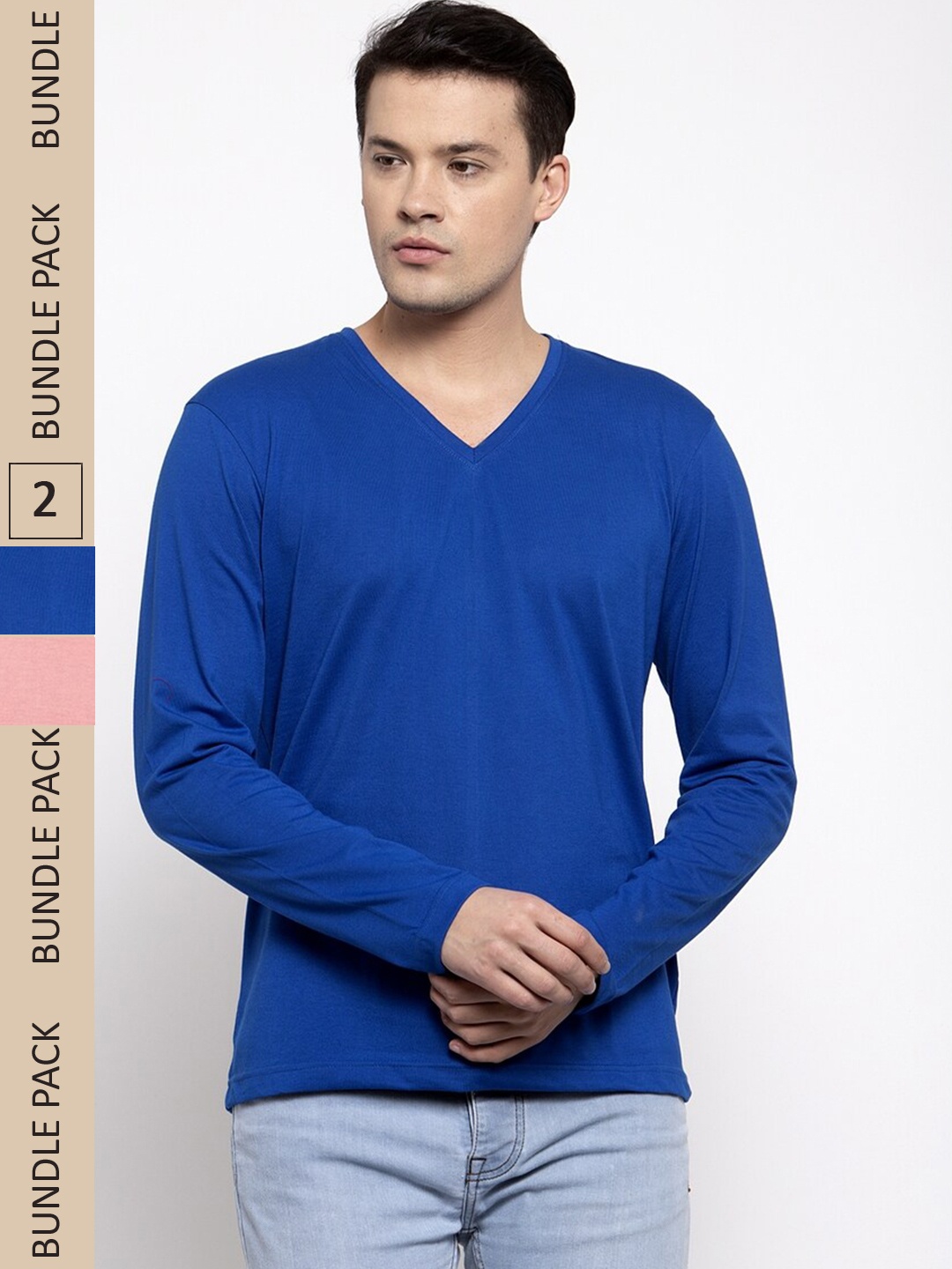 Friskers Pack Of 2 V-Neck Long Sleeves Slim Fit Cotton T-shirt, Blue