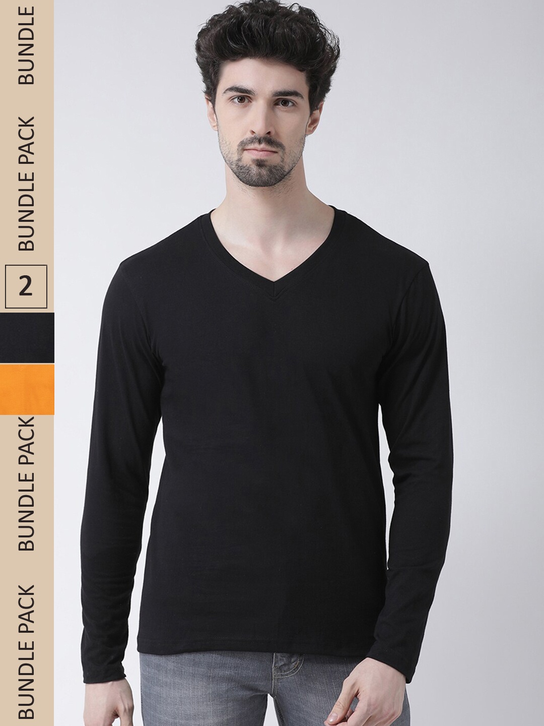 

Friskers Pack Of 2 V-Neck Long Sleeves Slim Fit Cotton T-shirt, Black